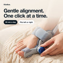 Kindtoe Dial bunion brace worn on a bare foot, hand turning the blue dial