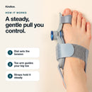 How the Kindtoe Dial works: dial sets the tension, toe arm guides the big toe, straps hold it steady